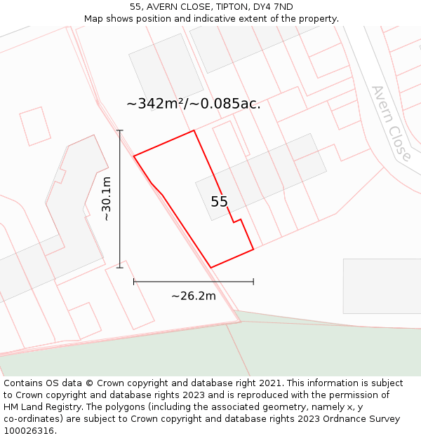 55, AVERN CLOSE, TIPTON, DY4 7ND: Plot and title map