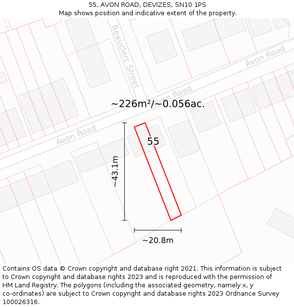 55, AVON ROAD, DEVIZES, SN10 1PS: Plot and title map