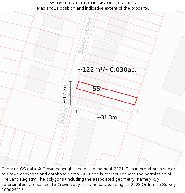 55, BAKER STREET, CHELMSFORD, CM2 0SA: Plot and title map