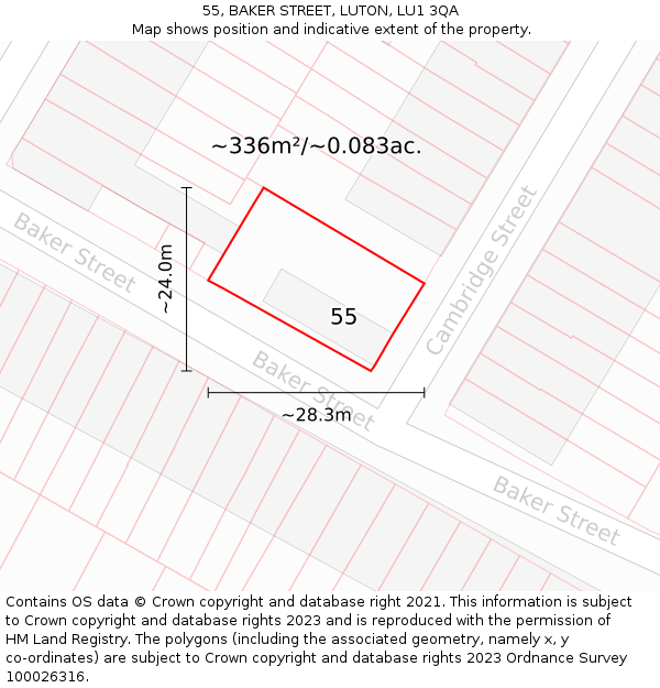 55, BAKER STREET, LUTON, LU1 3QA: Plot and title map