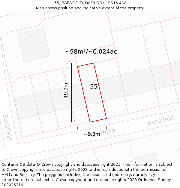 55, BARDFIELD, BASILDON, SS16 4JW: Plot and title map