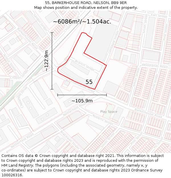 55, BARKERHOUSE ROAD, NELSON, BB9 9ER: Plot and title map