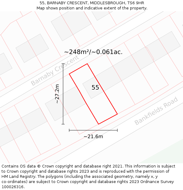 55, BARNABY CRESCENT, MIDDLESBROUGH, TS6 9HR: Plot and title map