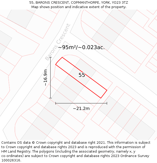 55, BARONS CRESCENT, COPMANTHORPE, YORK, YO23 3TZ: Plot and title map