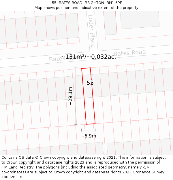 55, BATES ROAD, BRIGHTON, BN1 6PF: Plot and title map