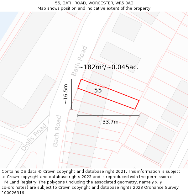 55, BATH ROAD, WORCESTER, WR5 3AB: Plot and title map