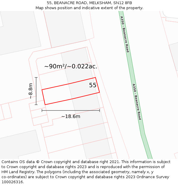 55, BEANACRE ROAD, MELKSHAM, SN12 8FB: Plot and title map