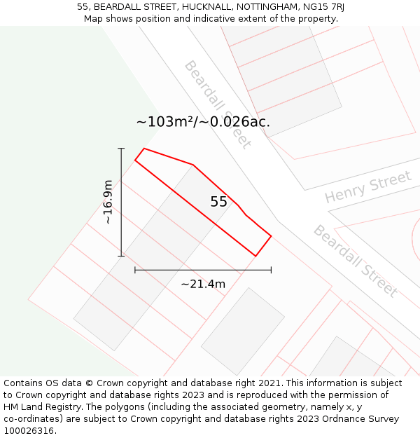 55, BEARDALL STREET, HUCKNALL, NOTTINGHAM, NG15 7RJ: Plot and title map