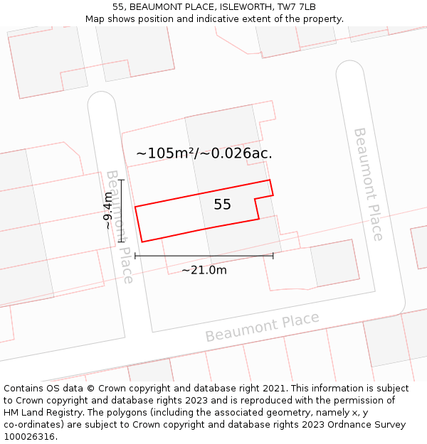 55, BEAUMONT PLACE, ISLEWORTH, TW7 7LB: Plot and title map