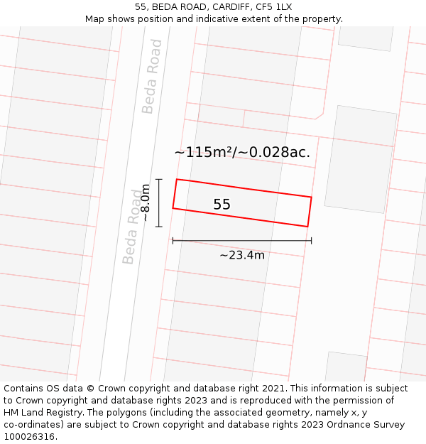 55, BEDA ROAD, CARDIFF, CF5 1LX: Plot and title map