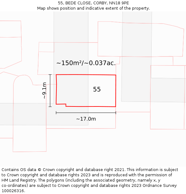 55, BEDE CLOSE, CORBY, NN18 9PE: Plot and title map