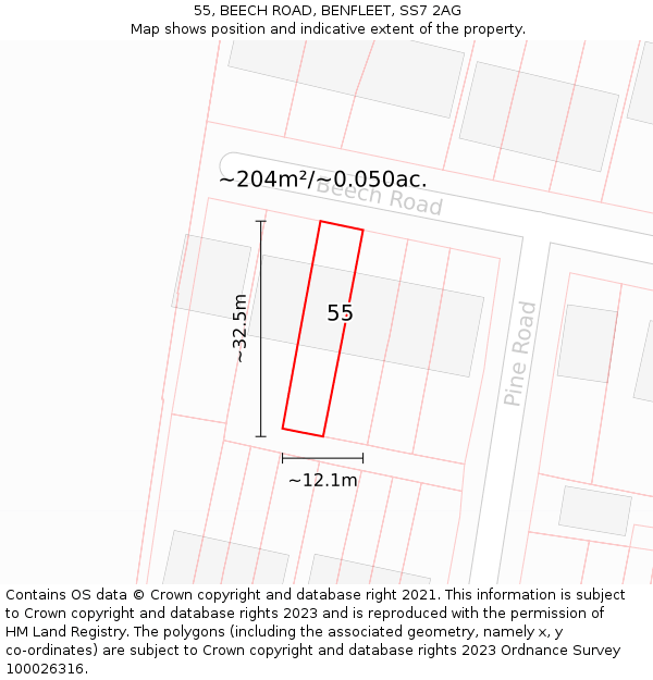 55, BEECH ROAD, BENFLEET, SS7 2AG: Plot and title map