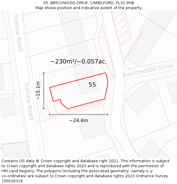 55, BEECHWOOD DRIVE, CAMELFORD, PL32 9NB: Plot and title map