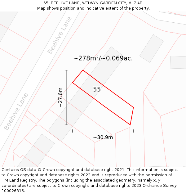 55, BEEHIVE LANE, WELWYN GARDEN CITY, AL7 4BJ: Plot and title map