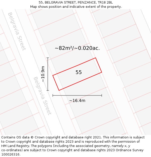 55, BELGRAVIA STREET, PENZANCE, TR18 2BL: Plot and title map