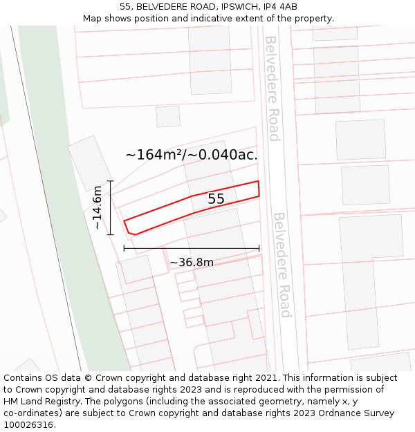 55, BELVEDERE ROAD, IPSWICH, IP4 4AB: Plot and title map