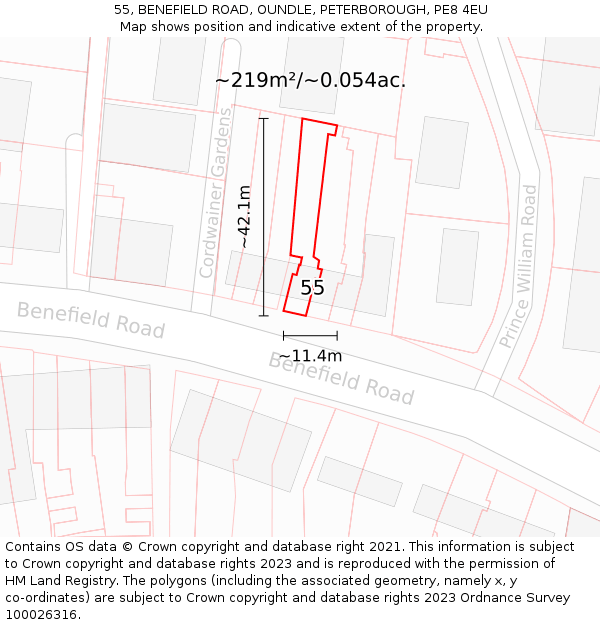 55, BENEFIELD ROAD, OUNDLE, PETERBOROUGH, PE8 4EU: Plot and title map