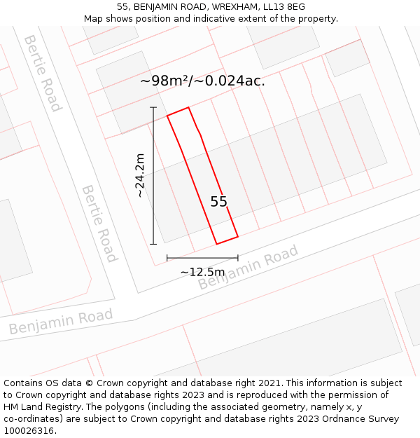 55, BENJAMIN ROAD, WREXHAM, LL13 8EG: Plot and title map