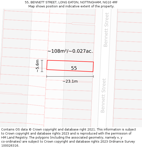 55, BENNETT STREET, LONG EATON, NOTTINGHAM, NG10 4RF: Plot and title map