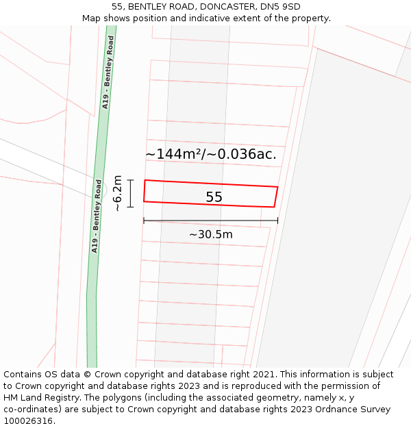 55, BENTLEY ROAD, DONCASTER, DN5 9SD: Plot and title map