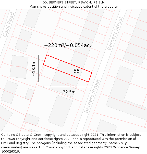 55, BERNERS STREET, IPSWICH, IP1 3LN: Plot and title map