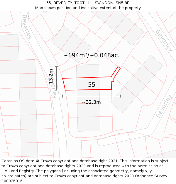 55, BEVERLEY, TOOTHILL, SWINDON, SN5 8BJ: Plot and title map