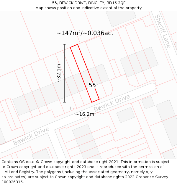 55, BEWICK DRIVE, BINGLEY, BD16 3QE: Plot and title map