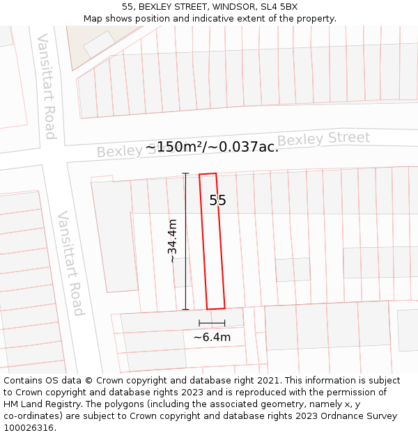 55, BEXLEY STREET, WINDSOR, SL4 5BX: Plot and title map