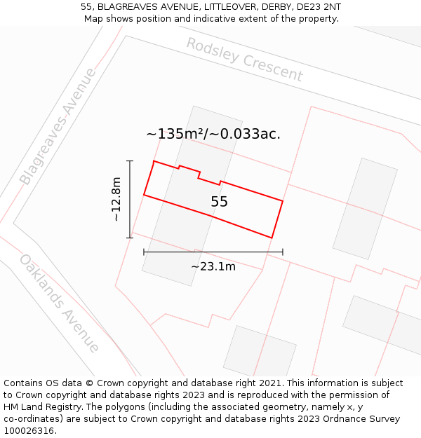 55, BLAGREAVES AVENUE, LITTLEOVER, DERBY, DE23 2NT: Plot and title map