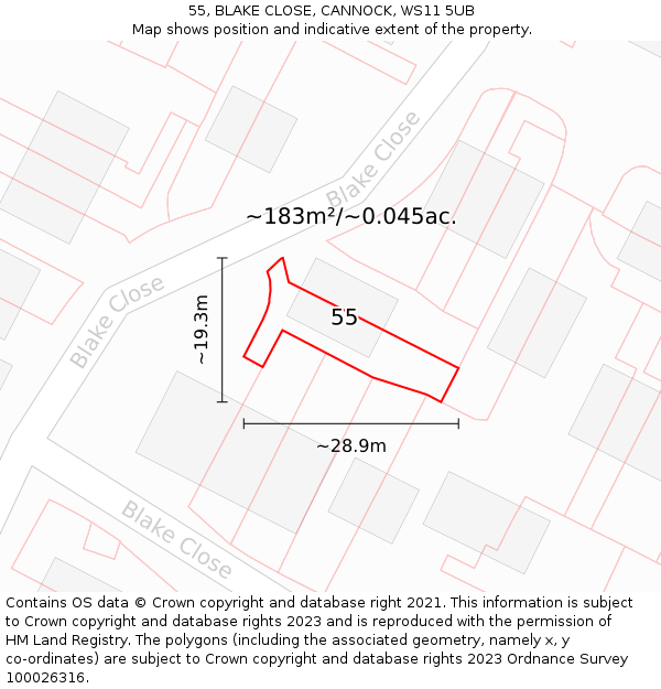 55, BLAKE CLOSE, CANNOCK, WS11 5UB: Plot and title map