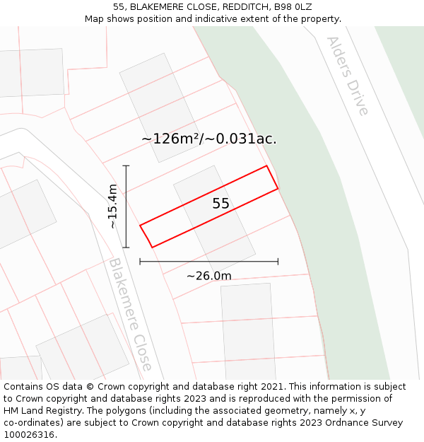 55, BLAKEMERE CLOSE, REDDITCH, B98 0LZ: Plot and title map
