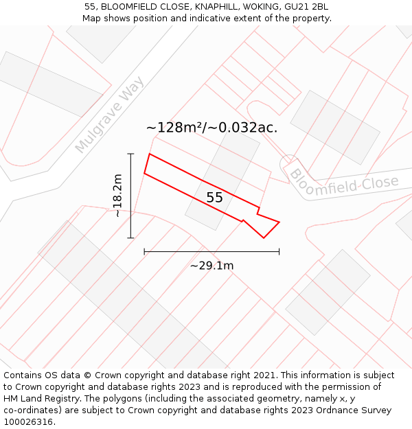 55, BLOOMFIELD CLOSE, KNAPHILL, WOKING, GU21 2BL: Plot and title map