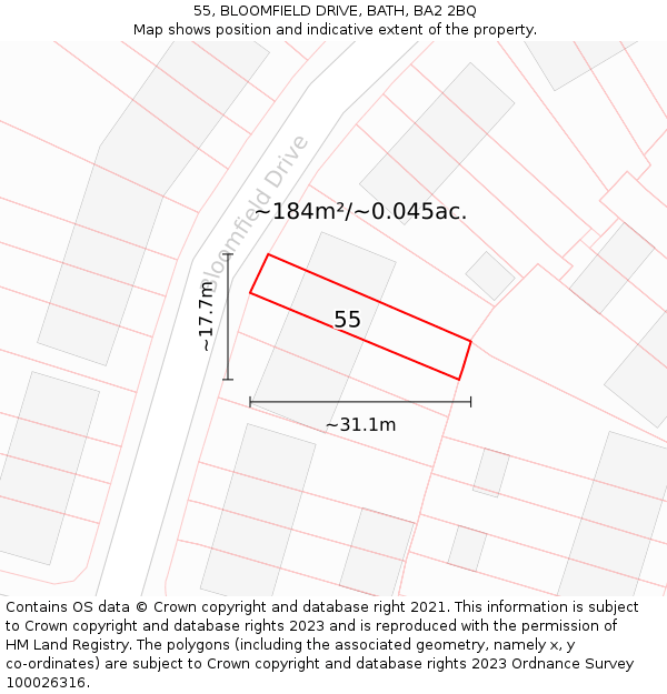 55, BLOOMFIELD DRIVE, BATH, BA2 2BQ: Plot and title map