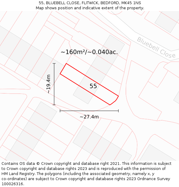 55, BLUEBELL CLOSE, FLITWICK, BEDFORD, MK45 1NS: Plot and title map