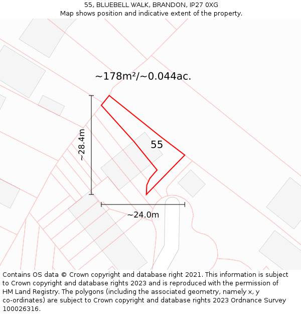 55, BLUEBELL WALK, BRANDON, IP27 0XG: Plot and title map