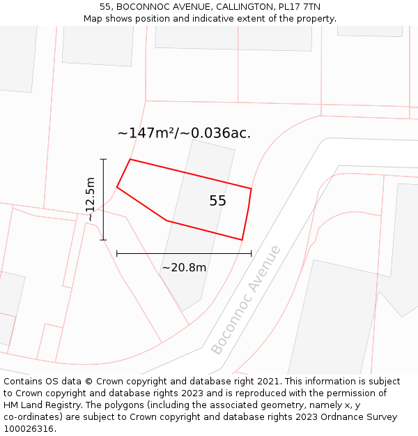 55, BOCONNOC AVENUE, CALLINGTON, PL17 7TN: Plot and title map