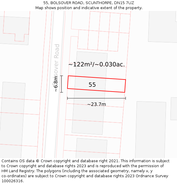 55, BOLSOVER ROAD, SCUNTHORPE, DN15 7UZ: Plot and title map