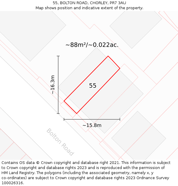 55, BOLTON ROAD, CHORLEY, PR7 3AU: Plot and title map