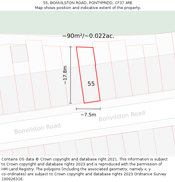 55, BONVILSTON ROAD, PONTYPRIDD, CF37 4RE: Plot and title map
