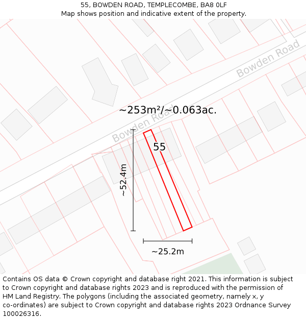 55, BOWDEN ROAD, TEMPLECOMBE, BA8 0LF: Plot and title map