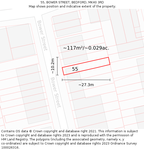 55, BOWER STREET, BEDFORD, MK40 3RD: Plot and title map