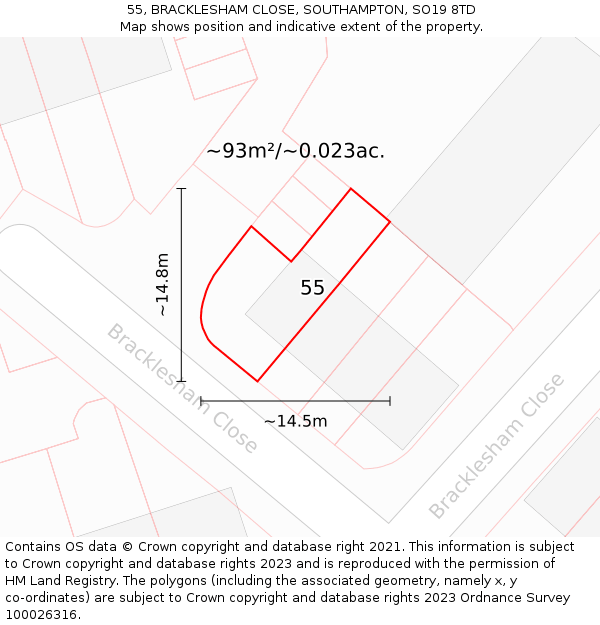 55, BRACKLESHAM CLOSE, SOUTHAMPTON, SO19 8TD: Plot and title map