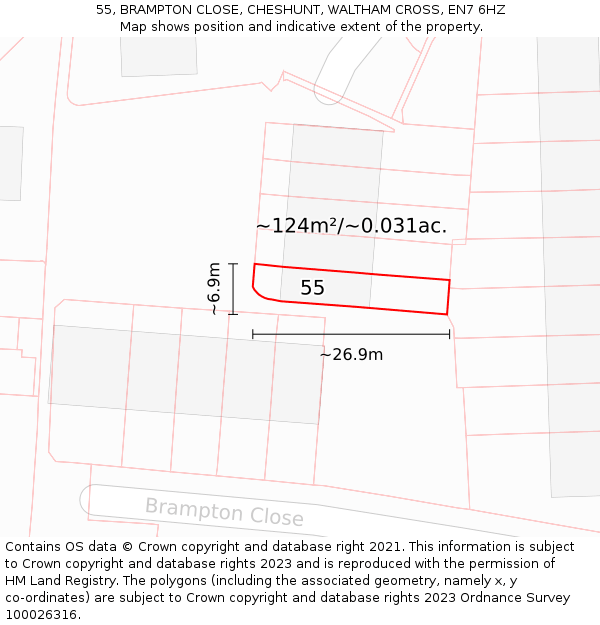 55, BRAMPTON CLOSE, CHESHUNT, WALTHAM CROSS, EN7 6HZ: Plot and title map