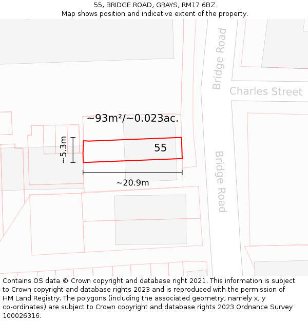 55, BRIDGE ROAD, GRAYS, RM17 6BZ: Plot and title map