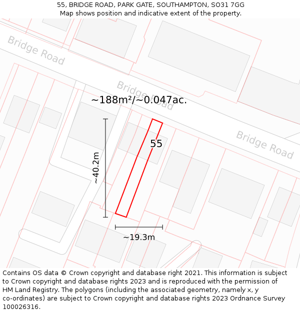 55, BRIDGE ROAD, PARK GATE, SOUTHAMPTON, SO31 7GG: Plot and title map