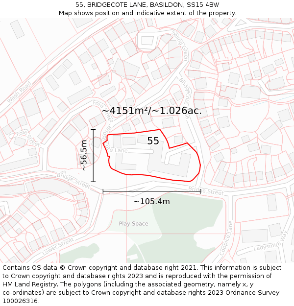 55, BRIDGECOTE LANE, BASILDON, SS15 4BW: Plot and title map