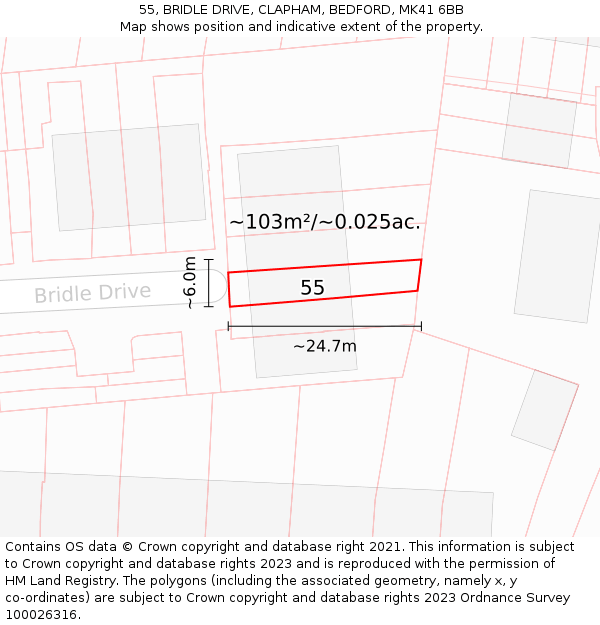 55, BRIDLE DRIVE, CLAPHAM, BEDFORD, MK41 6BB: Plot and title map