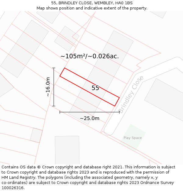 55, BRINDLEY CLOSE, WEMBLEY, HA0 1BS: Plot and title map