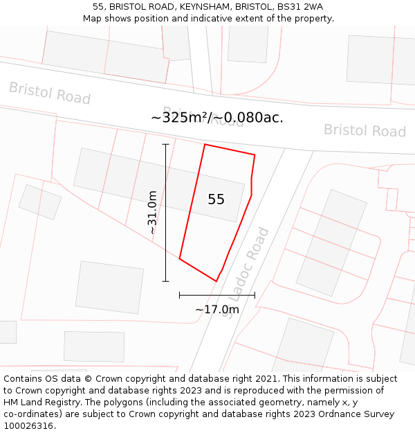 55, BRISTOL ROAD, KEYNSHAM, BRISTOL, BS31 2WA: Plot and title map