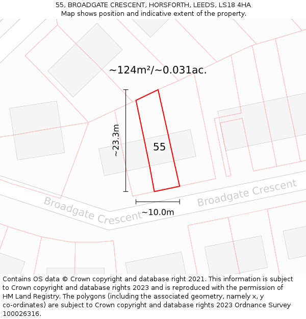 55, BROADGATE CRESCENT, HORSFORTH, LEEDS, LS18 4HA: Plot and title map